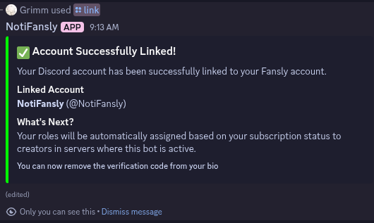 Successful account linking message